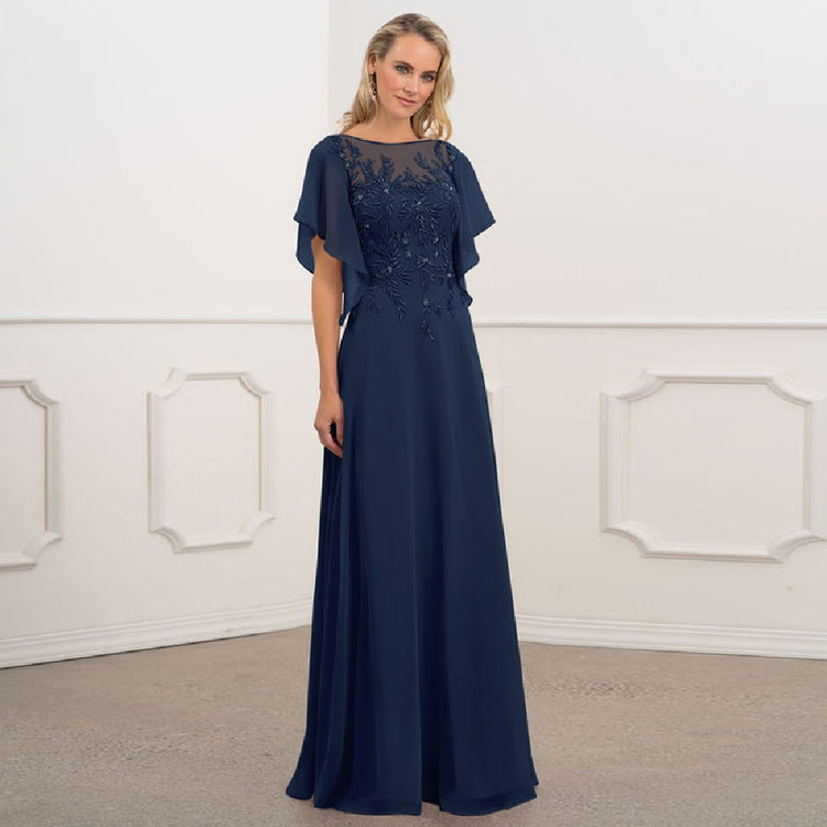 Vestido de Festa Longo com Manga Leve Renda Marinho