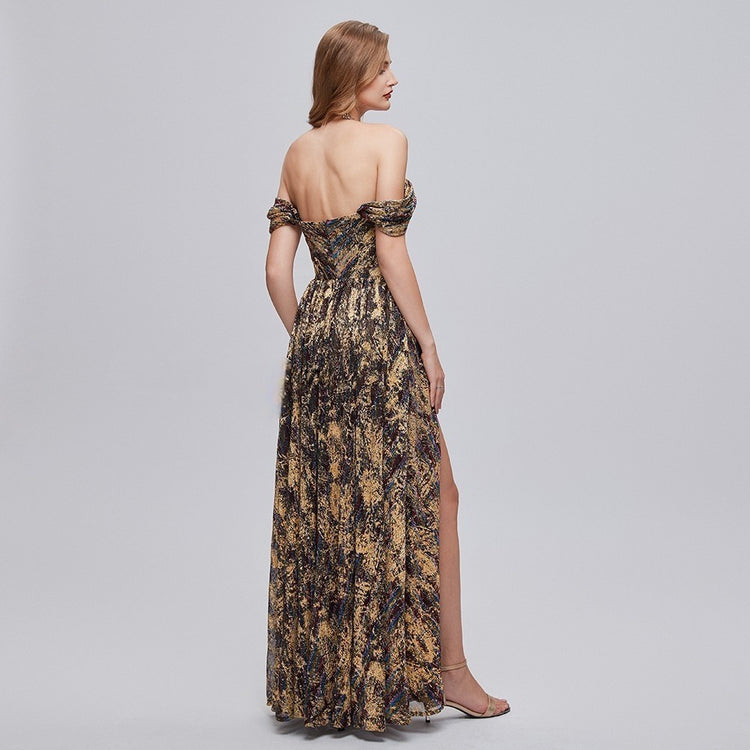 Vestido de Festa Longo Brilho Floral Dourado