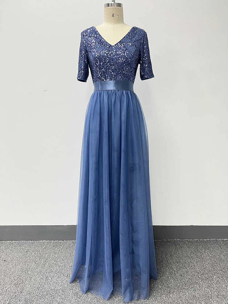 Vestido de Festa Longo em Renda Azul Empoeirado