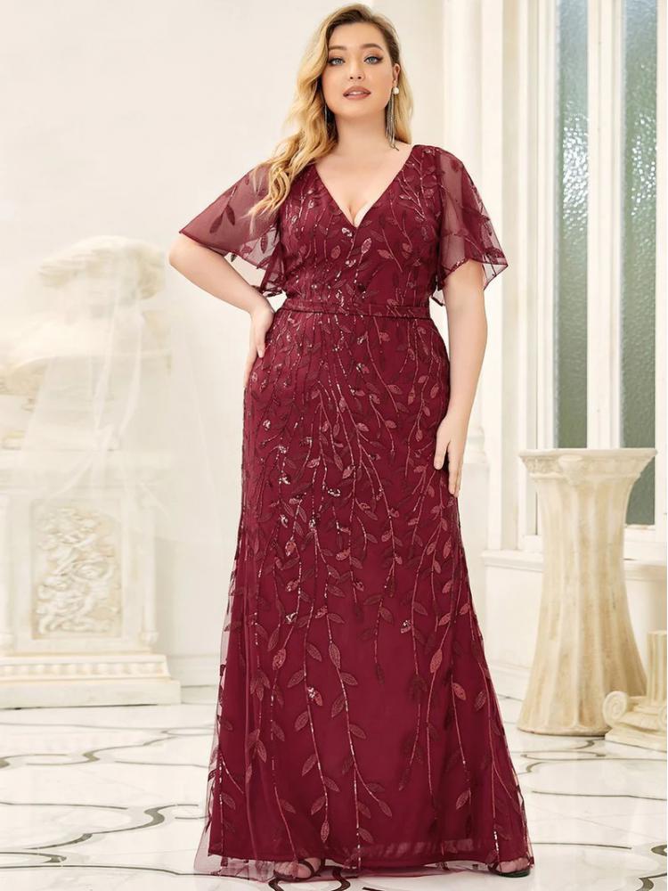 Vestido de Festa Longo Clássico com Paetês e Padrão Folhas