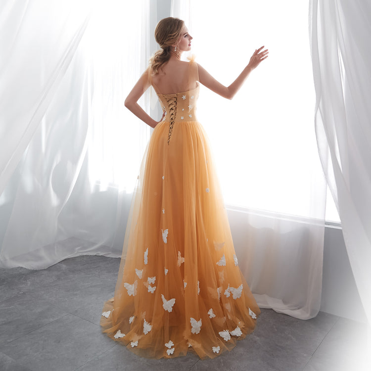 Vestido de Festa Florais com Borboletas em Renda Laranja - Modelo Especial
