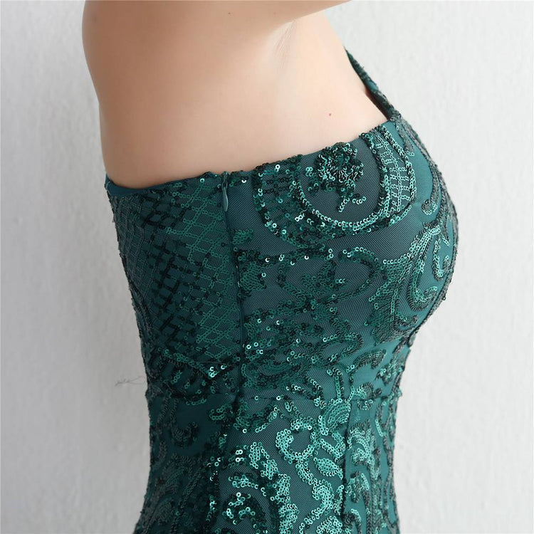 Vestido de Festa Sereia Ombro Único com Detalhes Brilho Verde