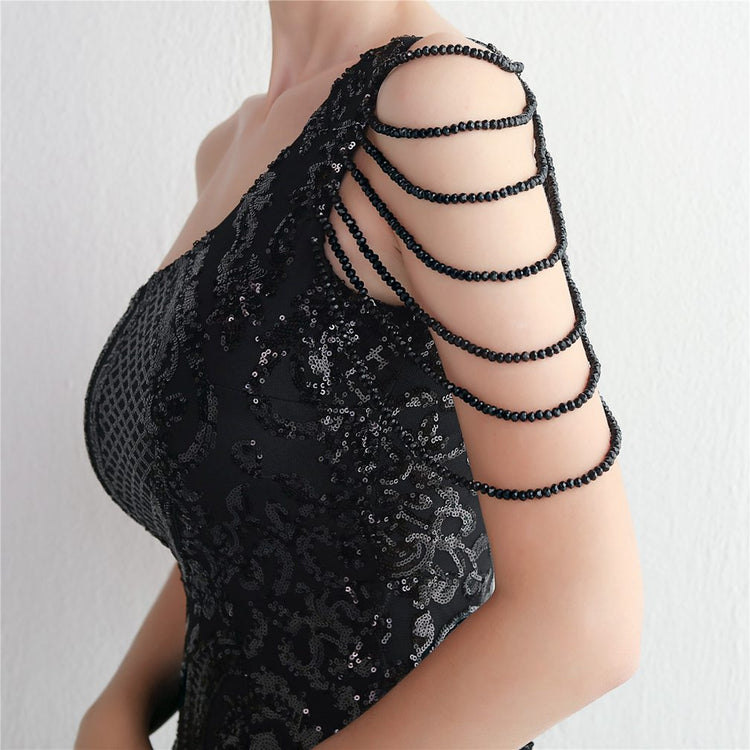 Vestido de Festa Sereia Ombro Único com Detalhes Brilho Preto