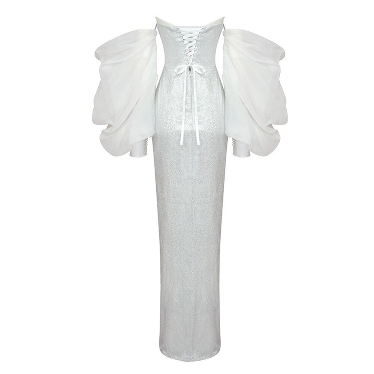 Vestido de Festa Longo com Manga Volume Branco Luxo