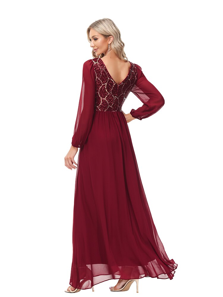 Vestido de Festa Longo Renda Marsala com Manga Longa