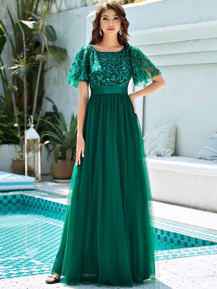Vestido de Festa Longo com Detalhes Manta Bordada Verde