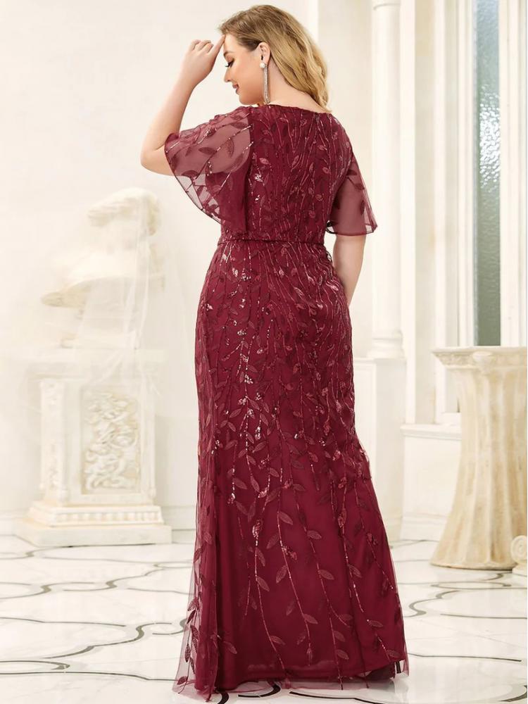 Vestido de Festa Longo Clássico com Paetês e Padrão Folhas
