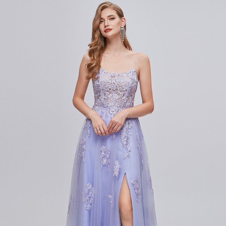 Vestido de Festa Slit Flores em Renda Lavanda