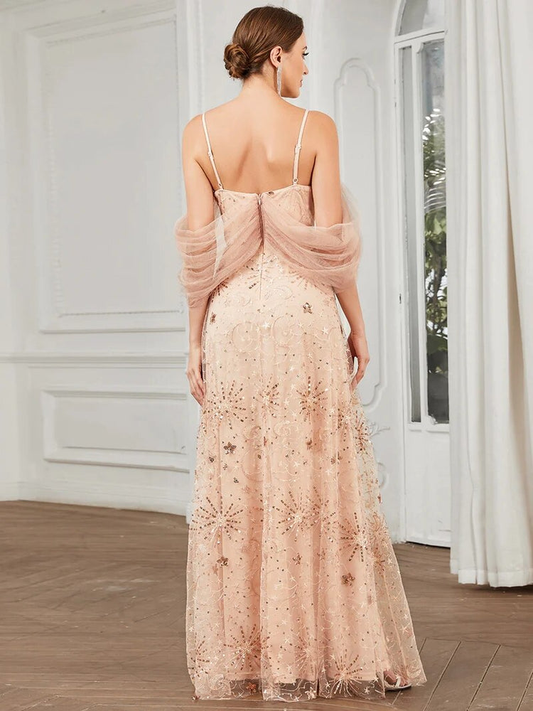 Vestido de Festa Longo com Alça Fina e Bordados com Renda Rosé