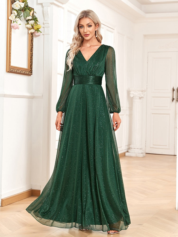 Vestido de Festa Longo com Manga Longa Brilho Verde com Faixa