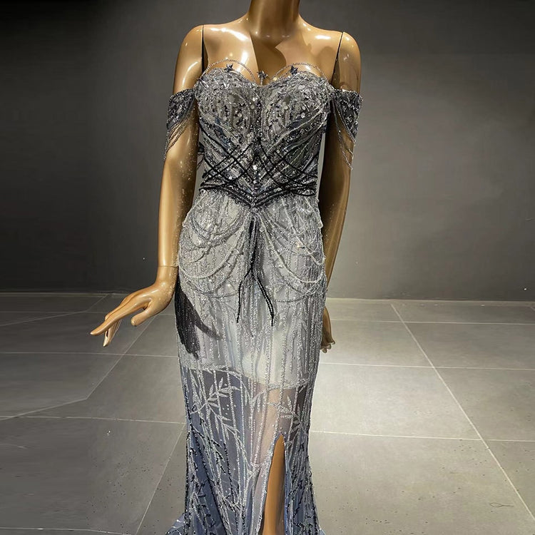 Vestido de Festa Luxo Moonlight com Abertura Lateral Azul Marinho - Modelo Especial