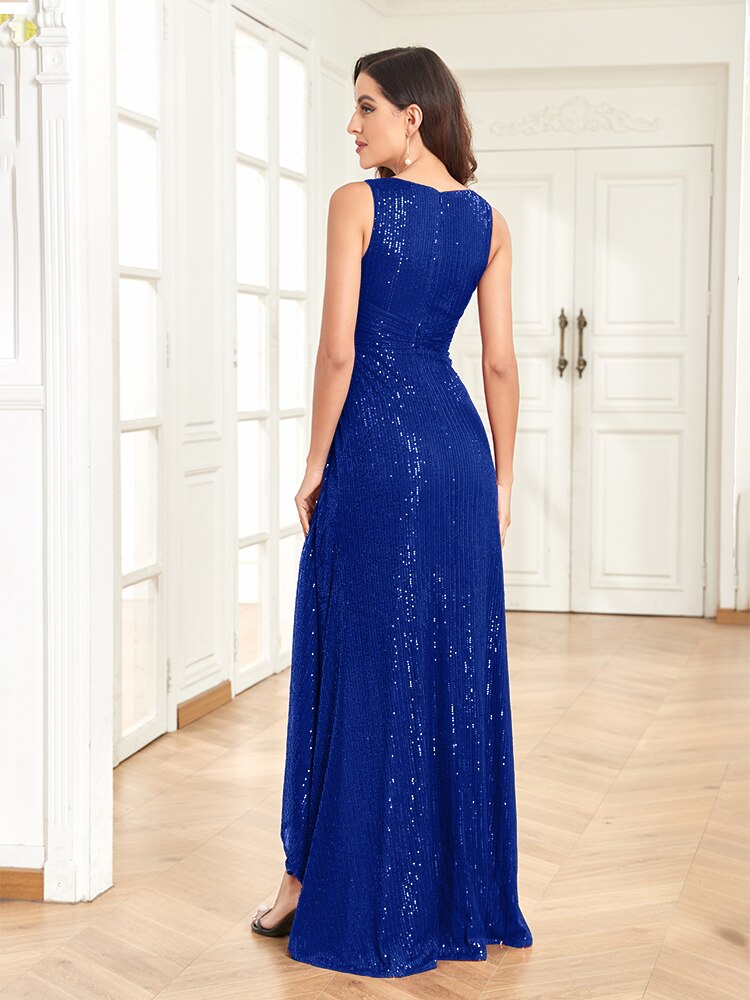 Vestido de Festa Longo Detalhado em Brilhos e Paetês Azul Royal