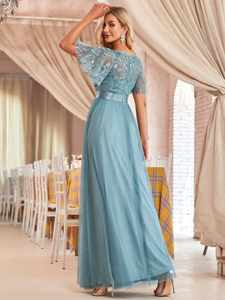 Vestido de Festa Longo com Detalhes Manta Bordada Azul Tiffany