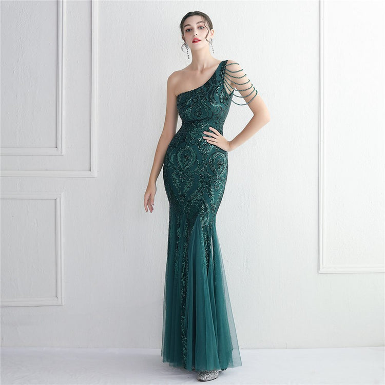 Vestido de Festa Sereia Ombro Único com Detalhes Brilho Verde