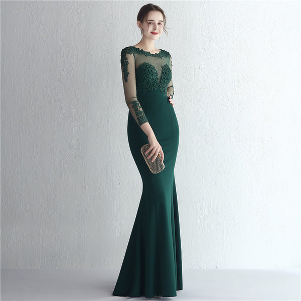 Vestido de Festa Longo com Detalhes em Renda e Apliques Florais Verde (Pronta Entrega)