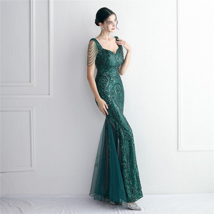 Vestido de Festa Sereia com Detalhes em Brilho Verde