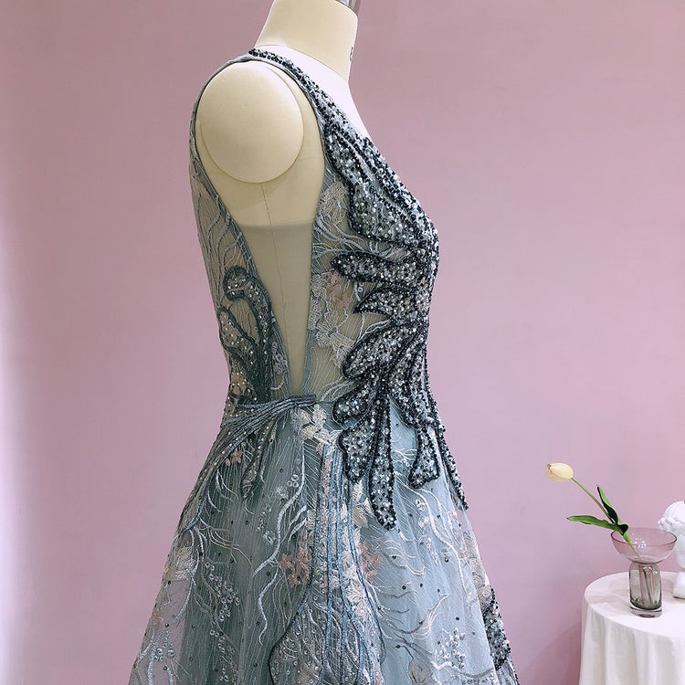 Vestido de Festa Cristal Luxo com Decote em V Prateado - Modelo Especial
