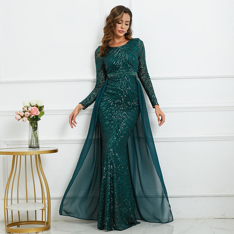 Vestido de Festa Sereia Manga Longa com Cauda Removível