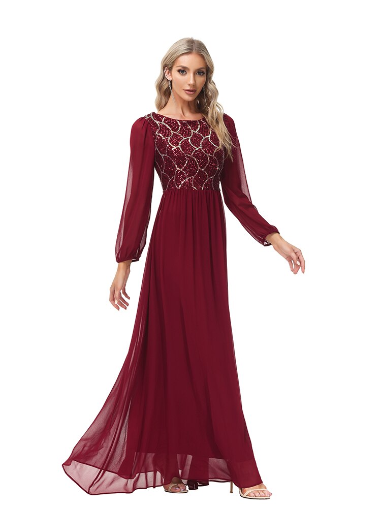 Vestido de Festa Longo Renda Marsala com Manga Longa