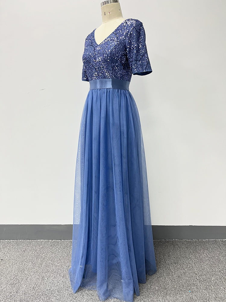 Vestido de Festa Longo em Renda Azul Empoeirado