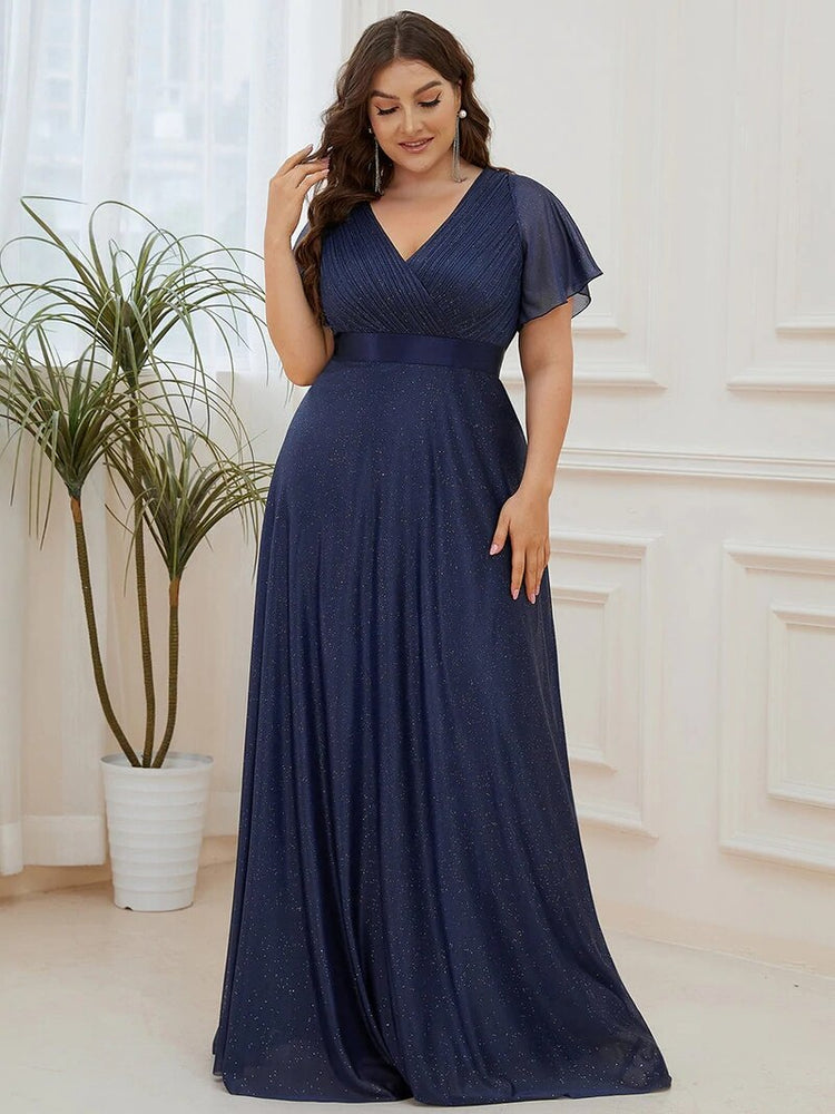 Vestido de Festa Longo com Faixa de Cetim e Tecido Brilho