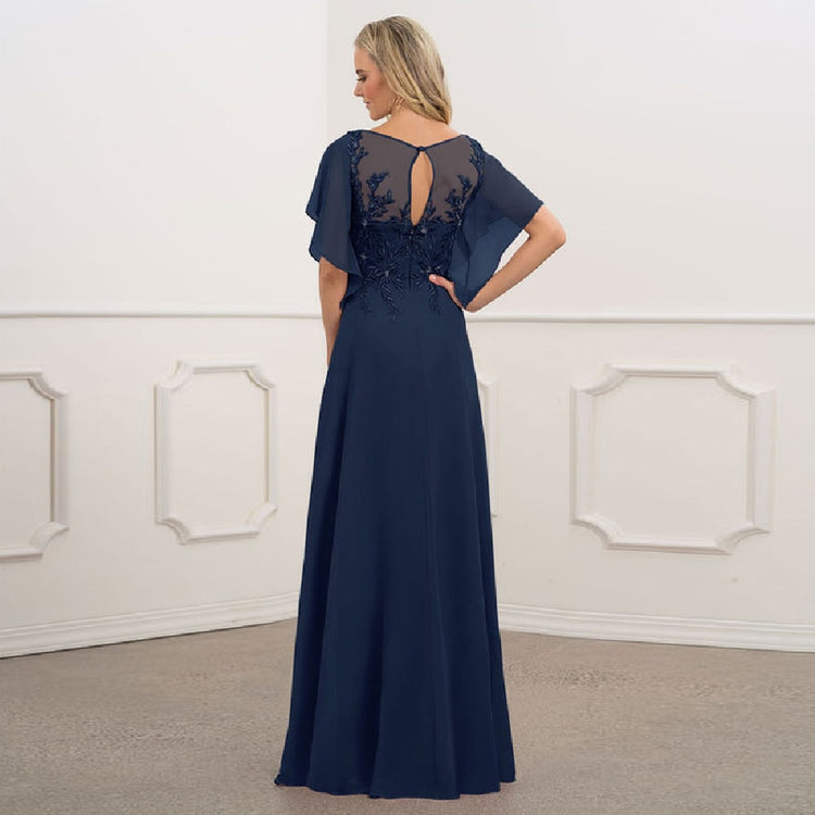 Vestido de Festa Longo com Manga Leve Renda Marinho
