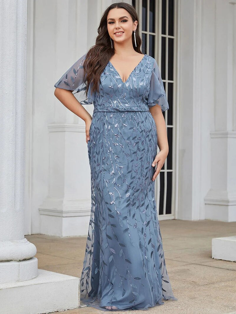 Vestido de Festa Longo Clássico com Paetês e Padrão Folhas