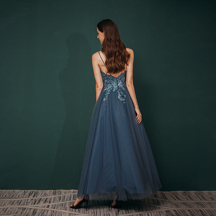 Vestido de Festa Longo Brilho Longo com Alça Azul Marinho