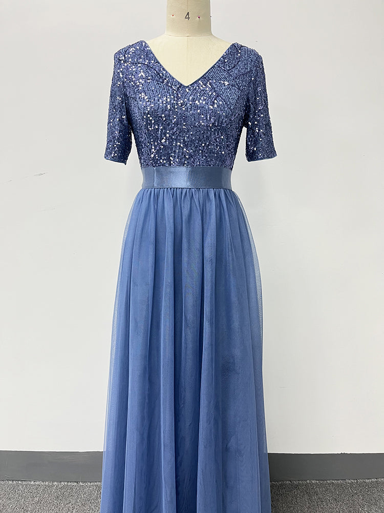 Vestido de Festa Longo em Renda Azul Empoeirado