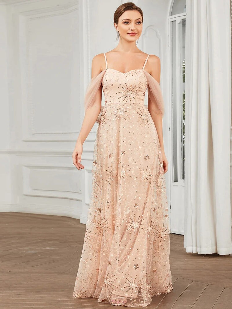 Vestido de Festa Longo com Alça Fina e Bordados com Renda Rosé