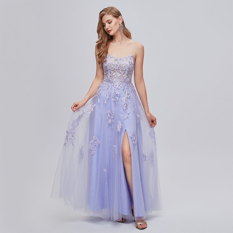 Vestido de Festa Slit Flores em Renda Lavanda