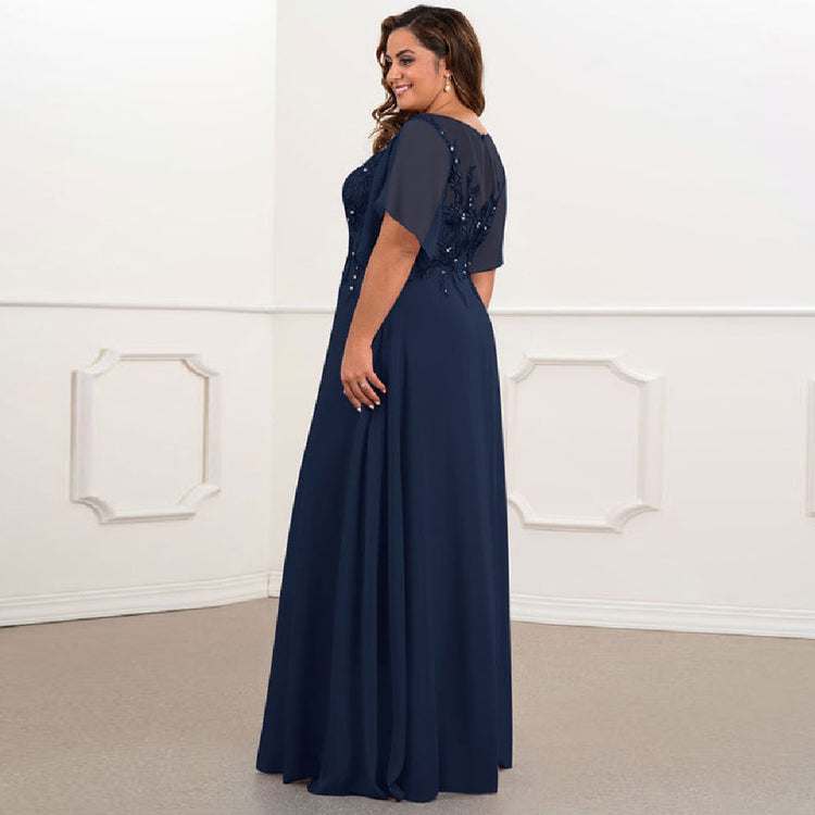 Vestido de Festa Longo com Manga Leve Renda Marinho