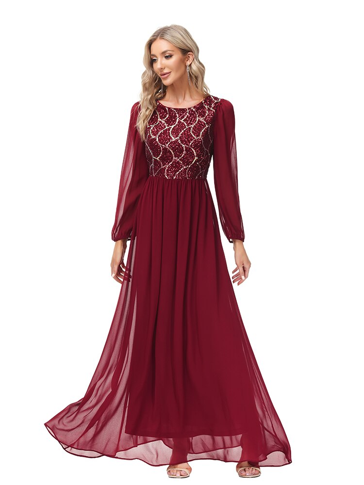 Vestido de Festa Longo Renda Marsala com Manga Longa