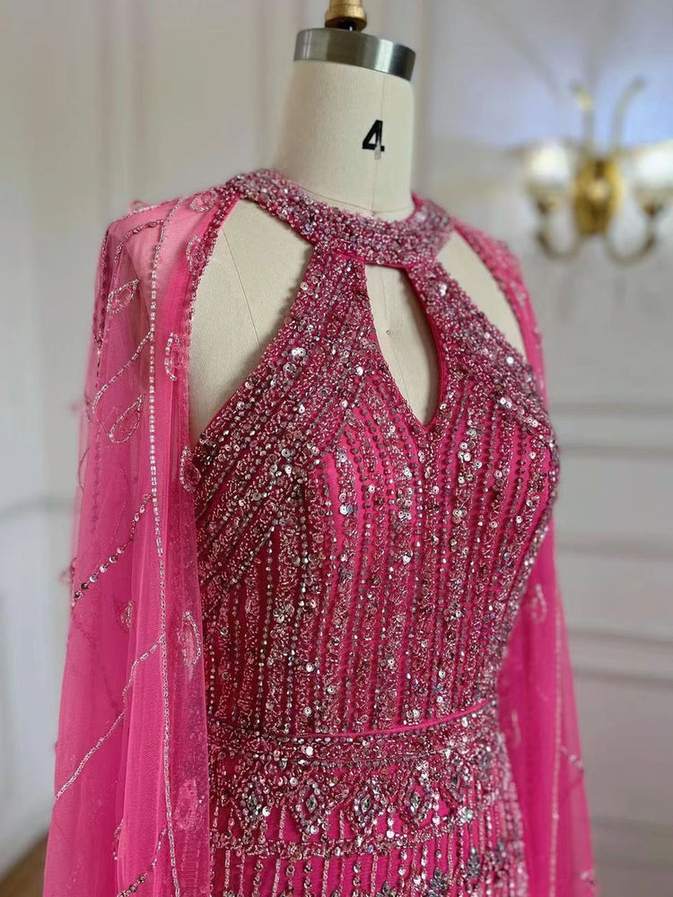 Vestido de Festa Longo Fúcsia com Capa Renda - Modelo Especial