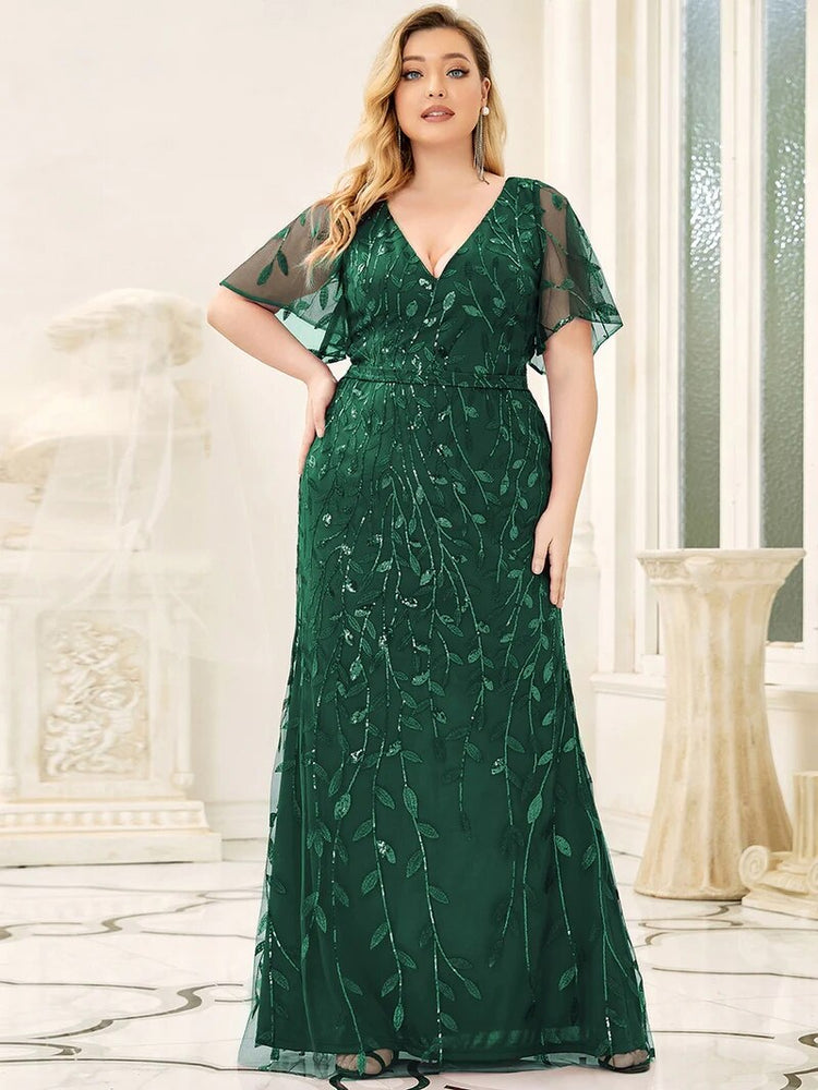 Vestido de Festa Longo Clássico com Paetês e Padrão Folhas