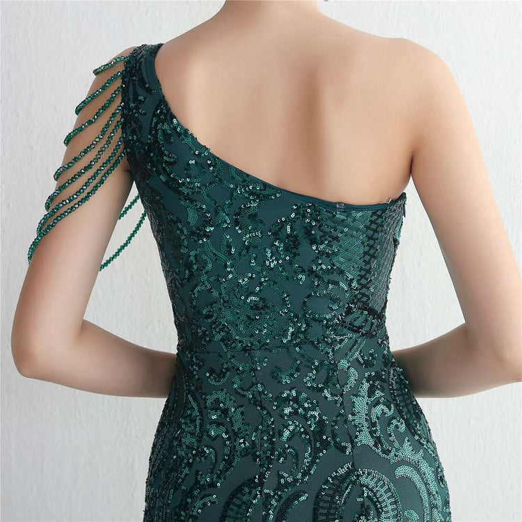 Vestido de Festa Sereia Ombro Único com Detalhes Brilho Verde