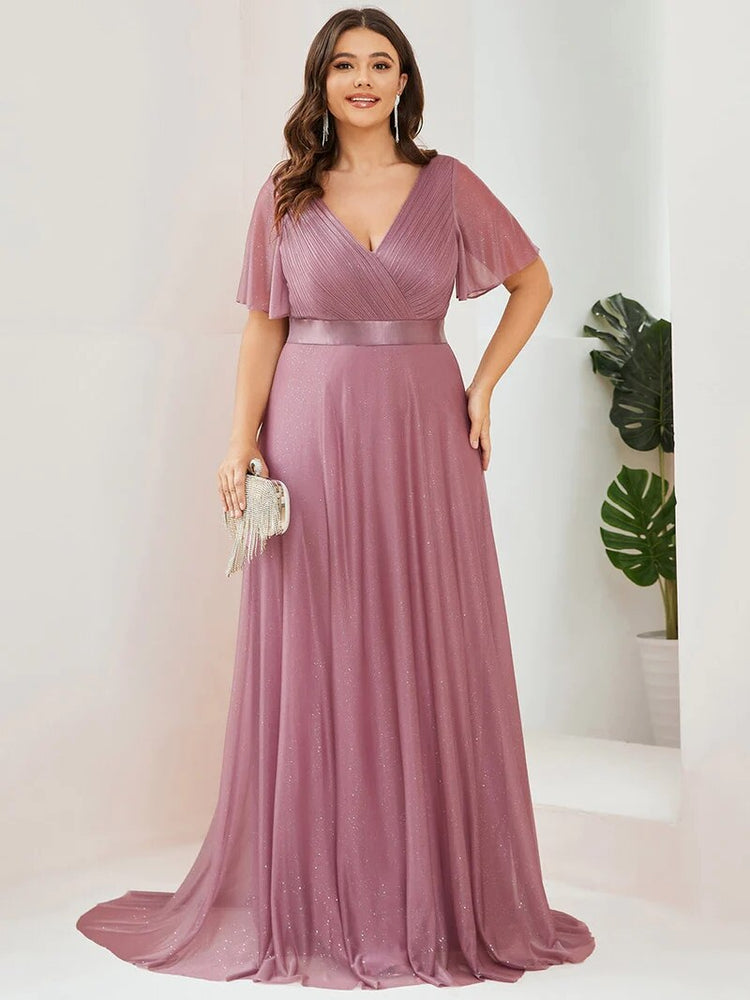 Vestido de Festa Longo com Faixa de Cetim e Tecido Brilho