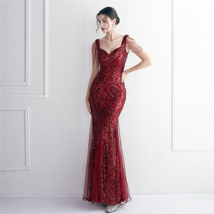 Vestido de Festa Sereia com Detalhes em Brilho Marsala