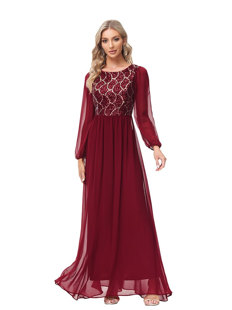 Vestido de Festa Longo Renda Marsala com Manga Longa
