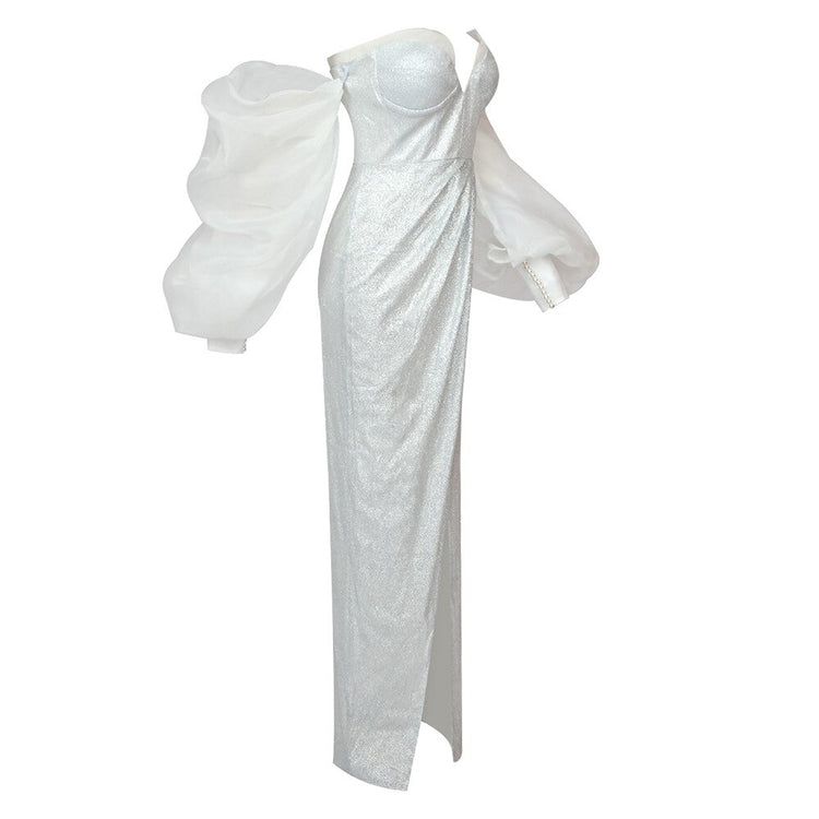 Vestido de Festa Longo com Manga Volume Branco Luxo