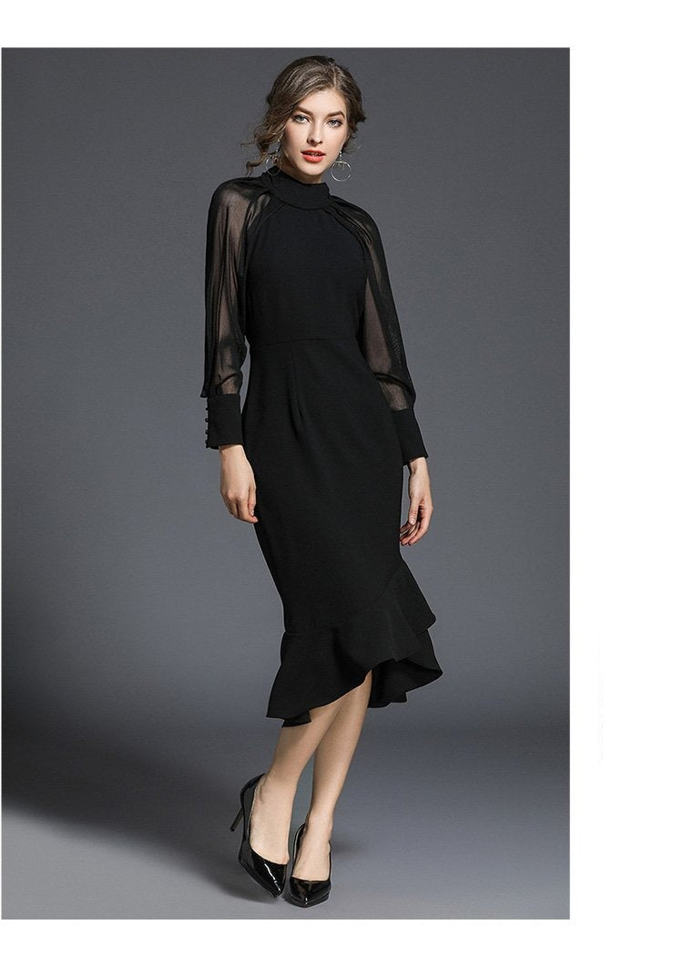 Vestido de Festa Sereia com Manga e Renda Preto