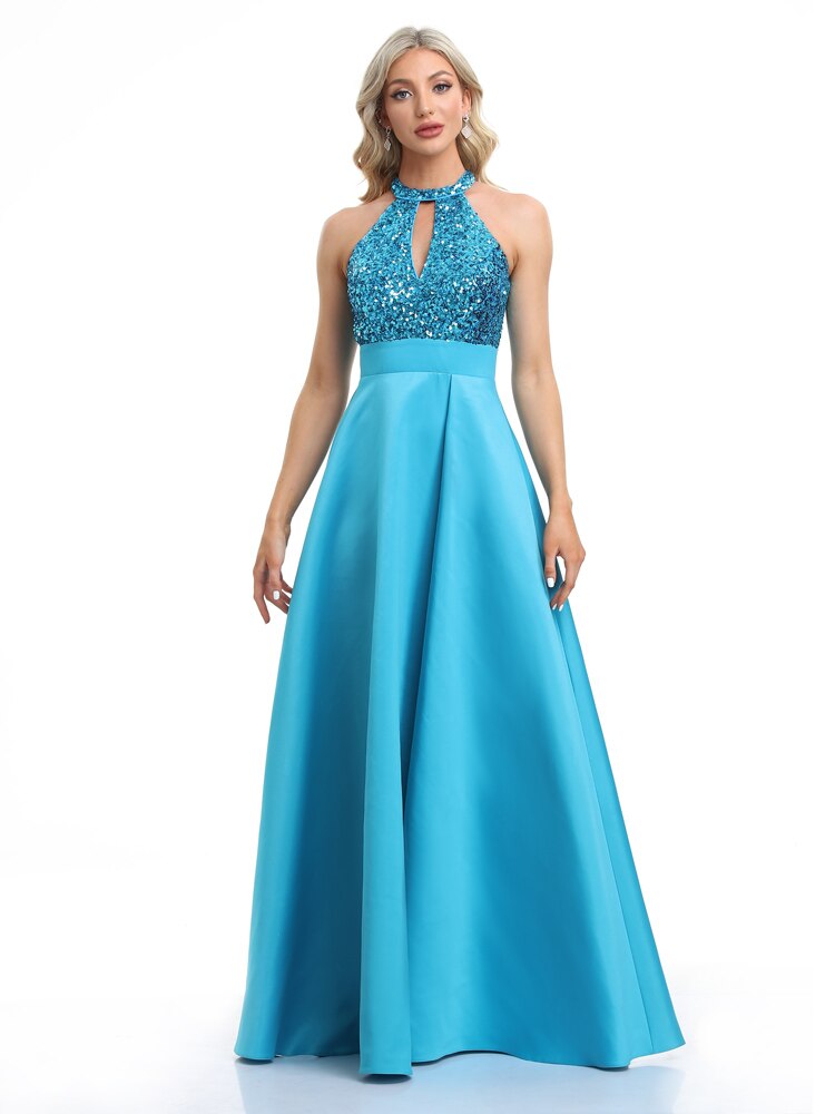 Vestido de Festa Longo em Cetim com Parte Superior Detalhada em Paetês Azul Serenity