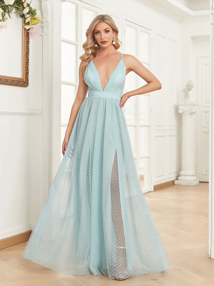 Vestido de Festa Longo em Camadas com Decote V Profundo