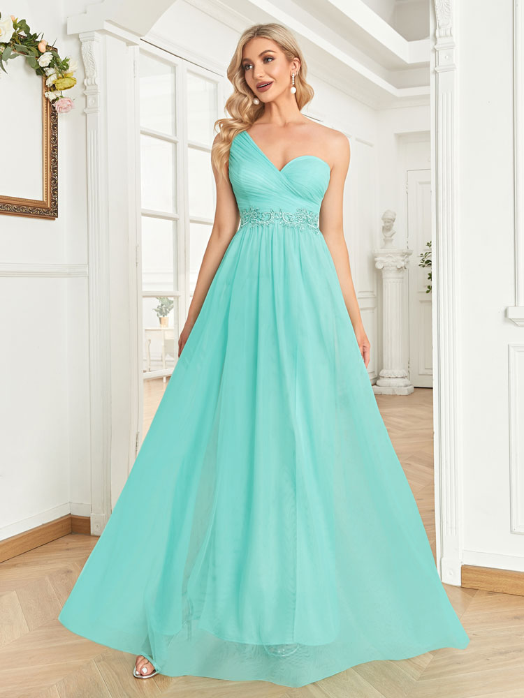 Vestido de Festa Longo Ombro Único em Azul Tiffany (Pronta Entrega)