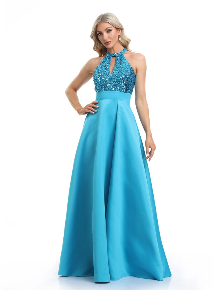 Vestido de Festa Longo em Cetim com Parte Superior Detalhada em Paetês Azul Serenity