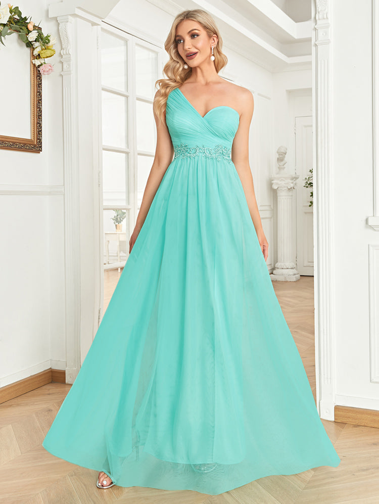 Vestido de Festa Longo Ombro Único em Azul Tiffany (Pronta Entrega)