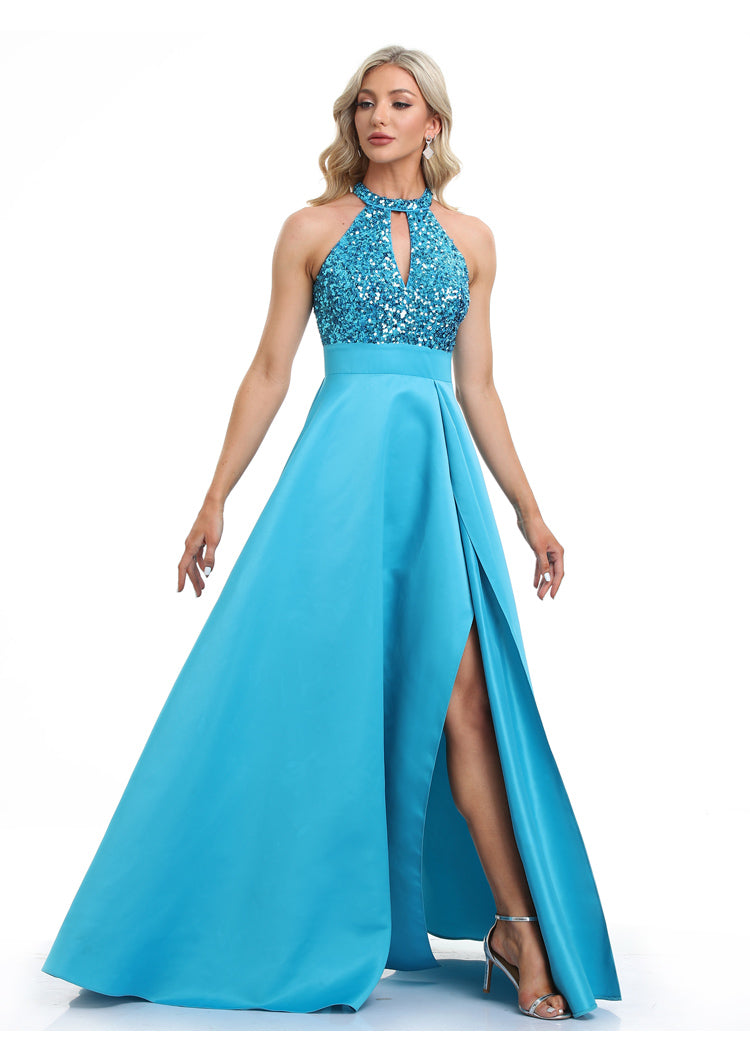 Vestido de Festa Longo em Cetim com Parte Superior Detalhada em Paetês Azul Serenity