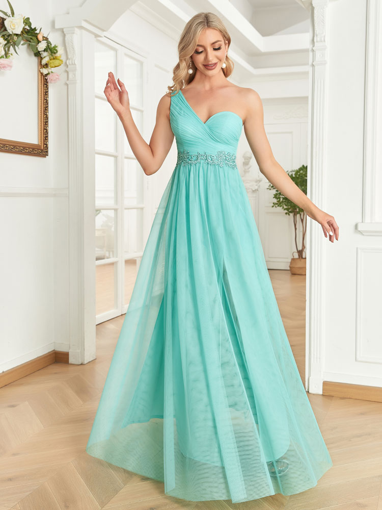 Vestido de Festa Longo Ombro Único em Azul Tiffany (Pronta Entrega)