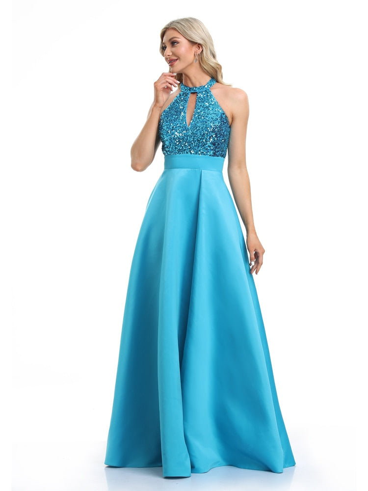 Vestido de Festa Longo em Cetim com Parte Superior Detalhada em Paetês Azul Serenity