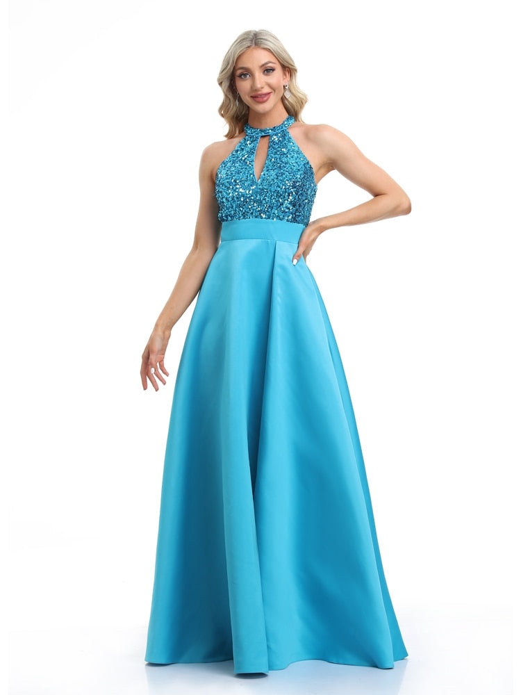 Vestido de Festa Longo em Cetim com Parte Superior Detalhada em Paetês Azul Serenity